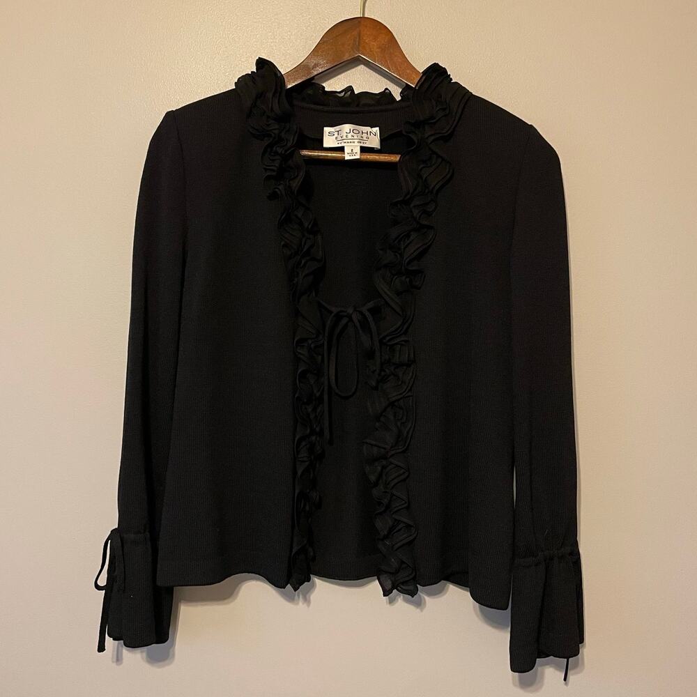 St. John Evening Black Cardigan Sweater Jacket Chiffon Ruffles sz 2